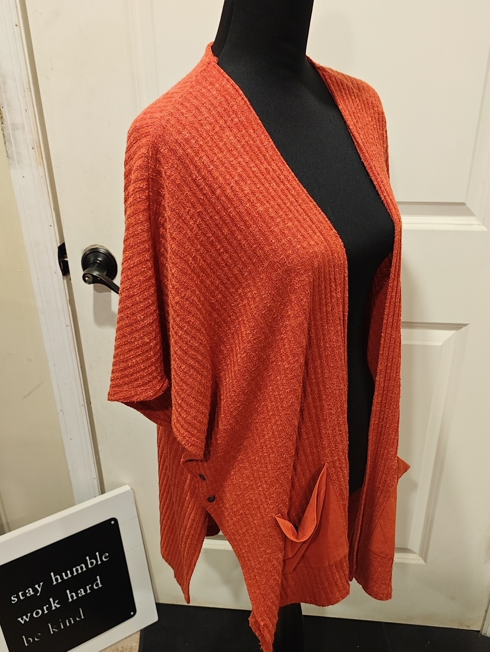 Lagenlook Open-Front Knit Cardigan in Burnt Orange Pockets